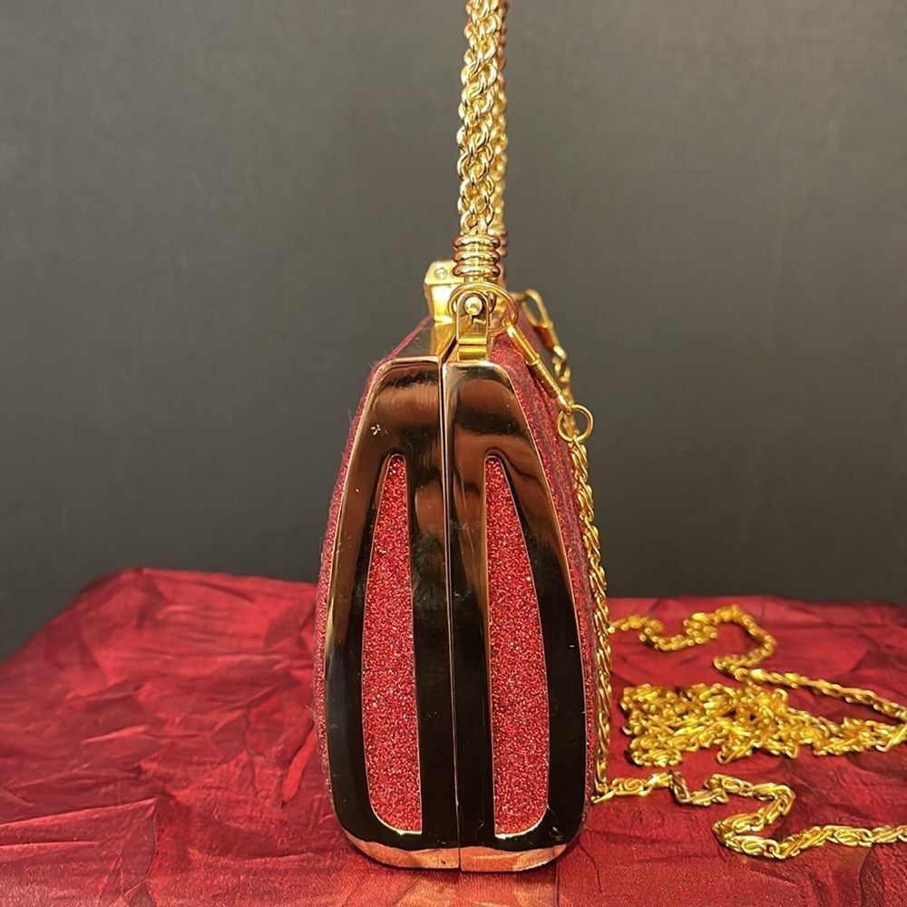 Red Glitter and Gold Evening Clutch Bag Gold Chain Strap - Picture 4 of 13